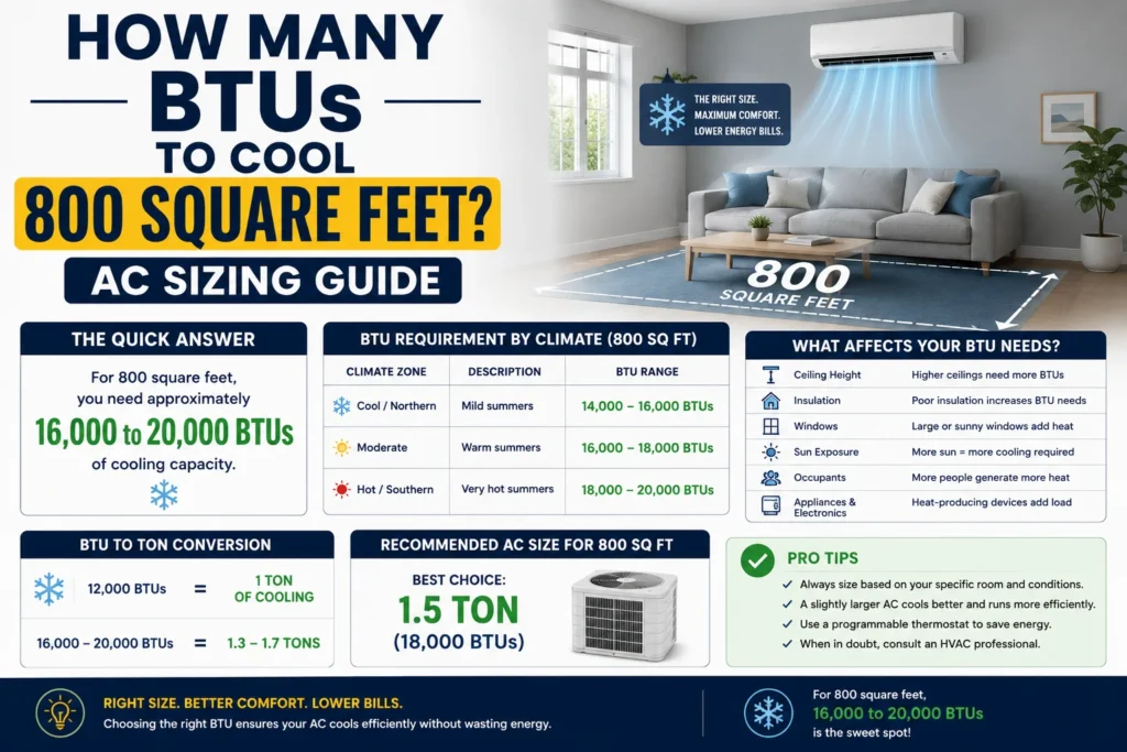how many BTUs to cool 800 square feet