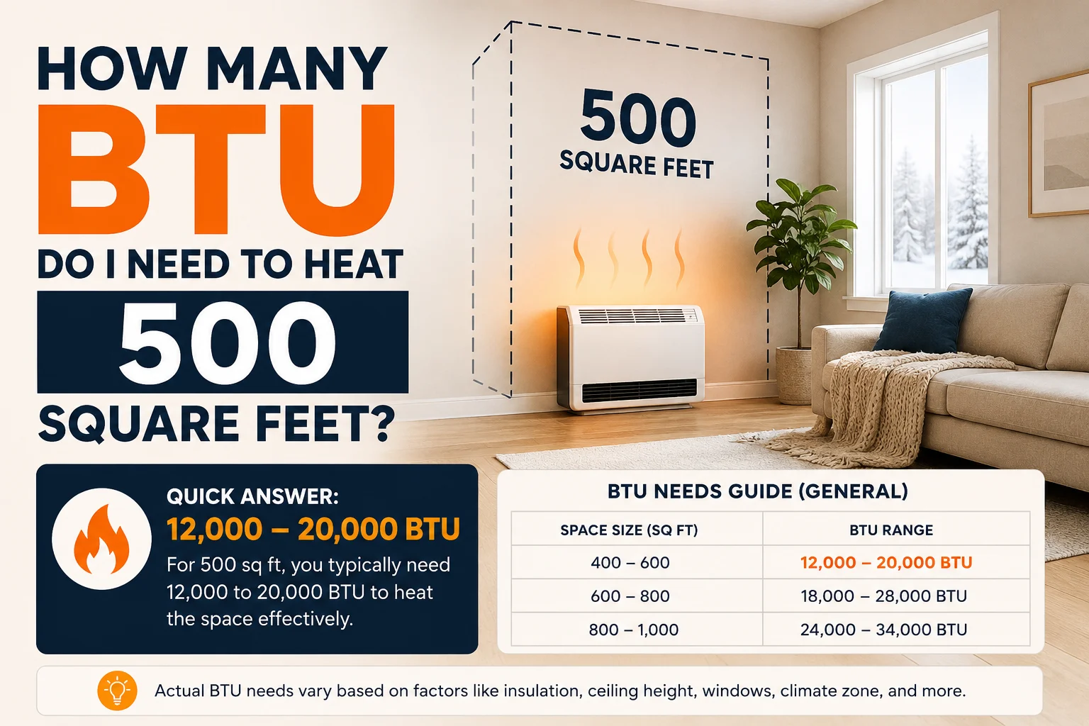 how many btu do i need to heat 500 square feet
