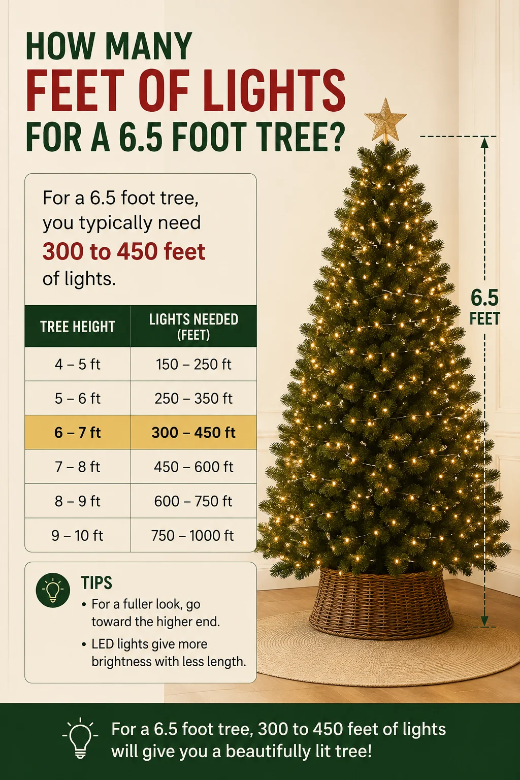 how many feet of lights for a 6.5 foot tree