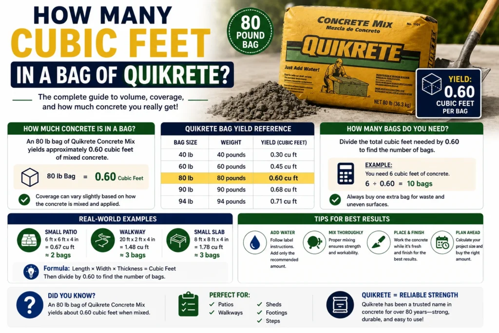how many cubic feet in a bag of quikrete