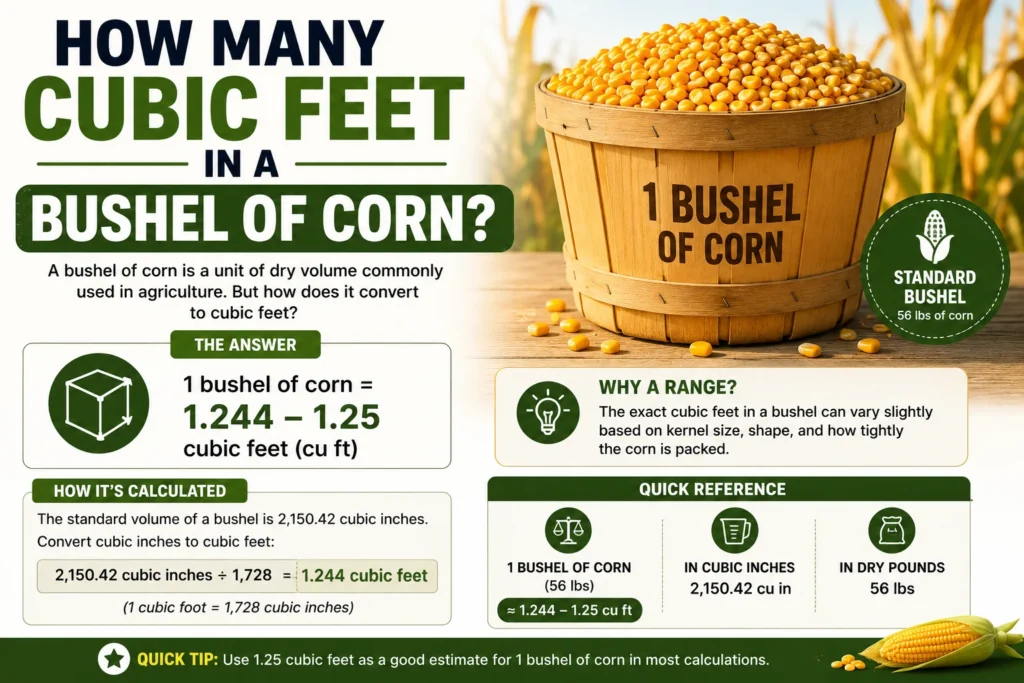 how many cubic feet in a bushel of corn