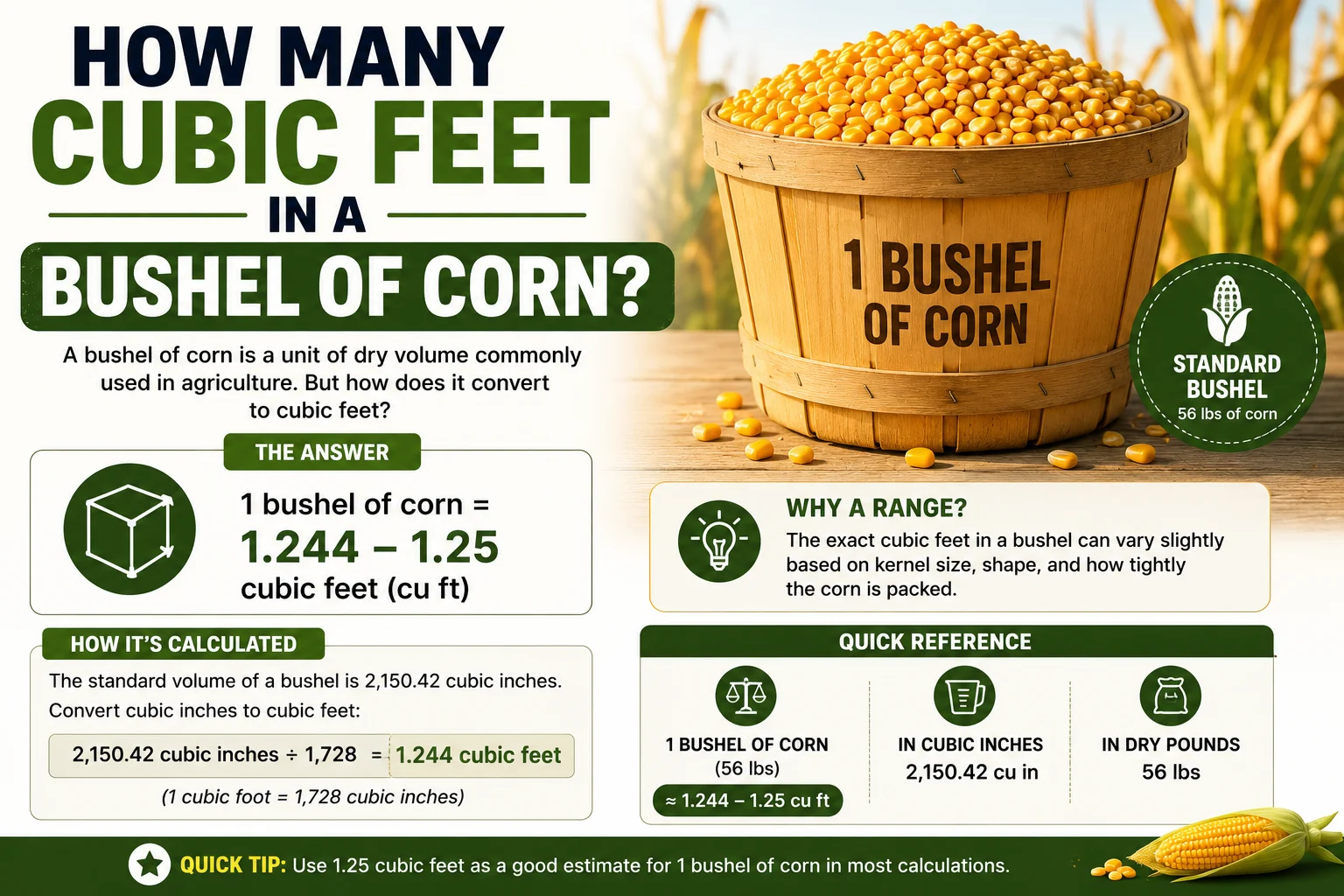 how many cubic feet in a bushel of corn