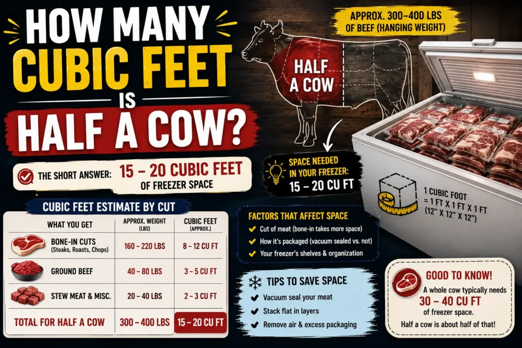 how many cubic feet is half a cow