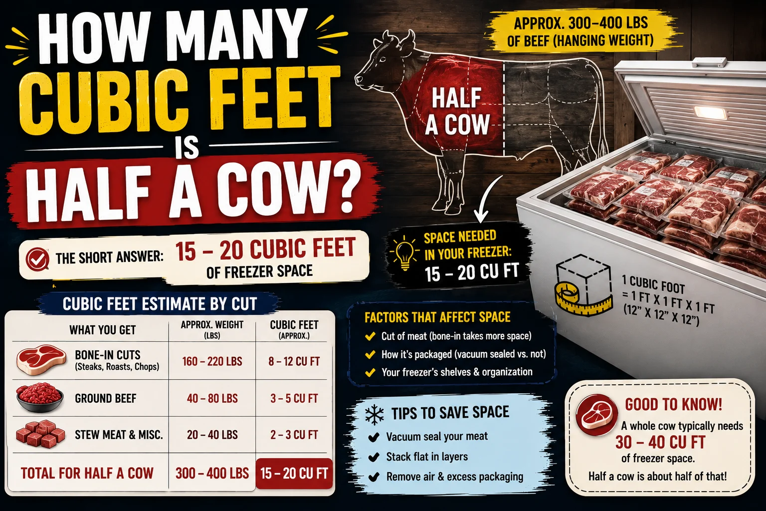 how many cubic feet is half a cow