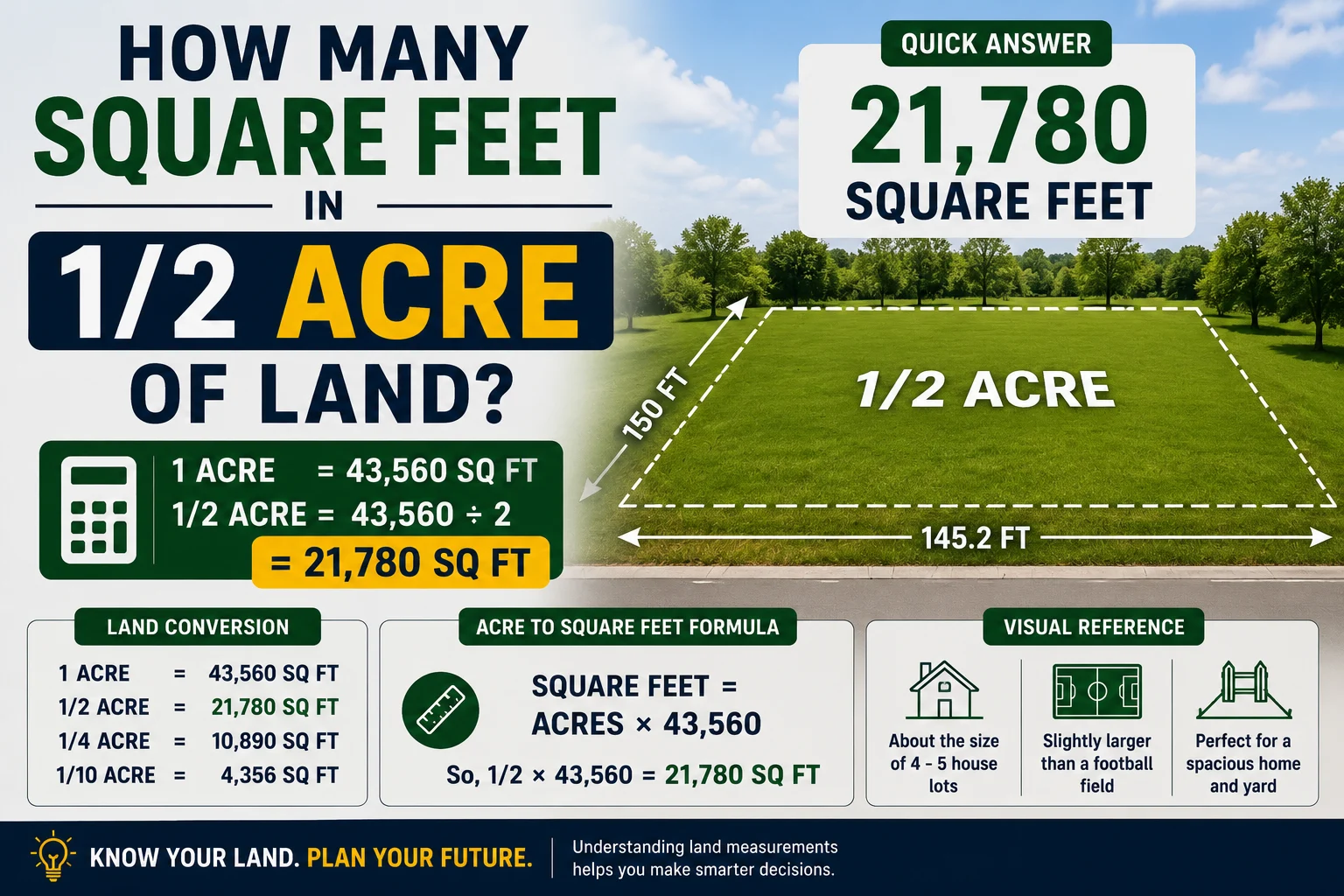 how many square feet in 1/2 acre of land