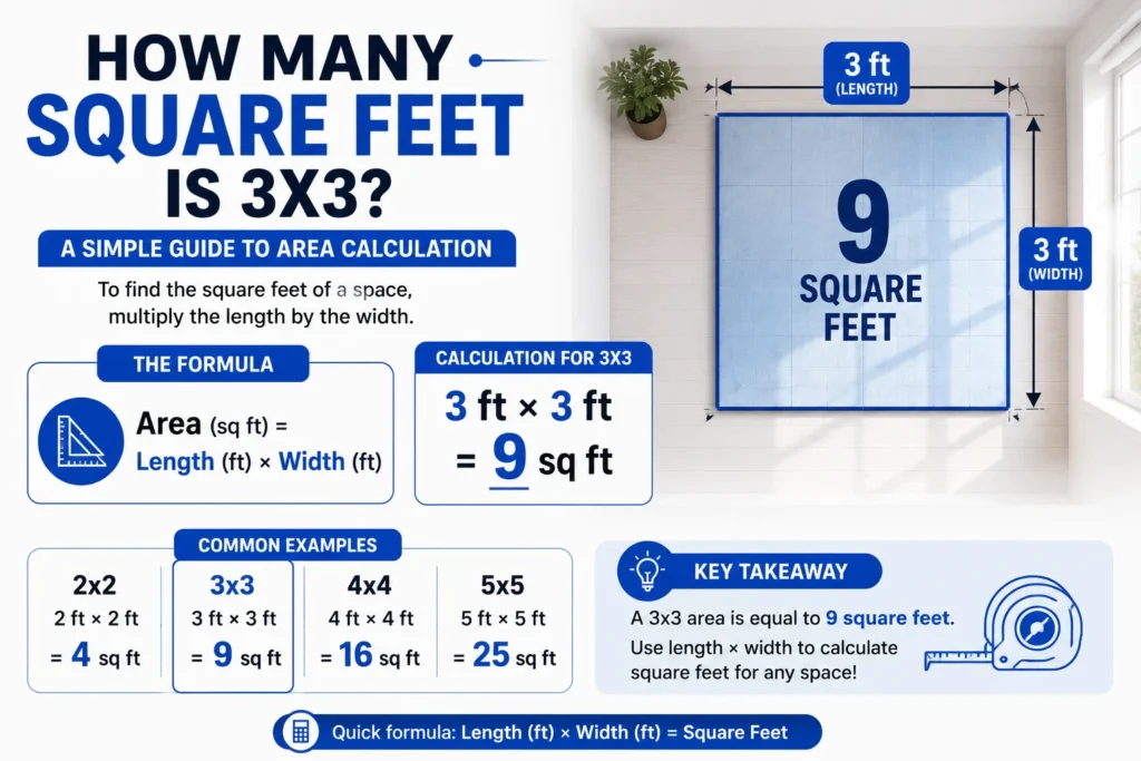 how many square feet is 3x3