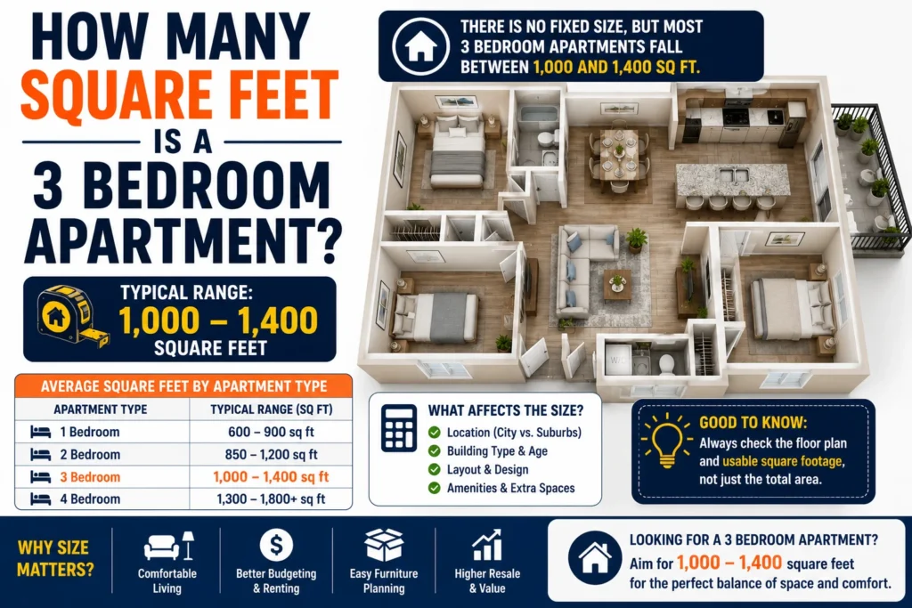 how many square feet is a 3 bedroom apartment