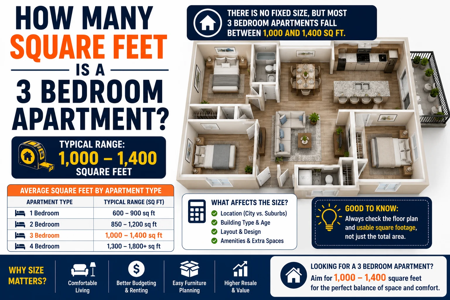 how many square feet is a 3 bedroom apartment
