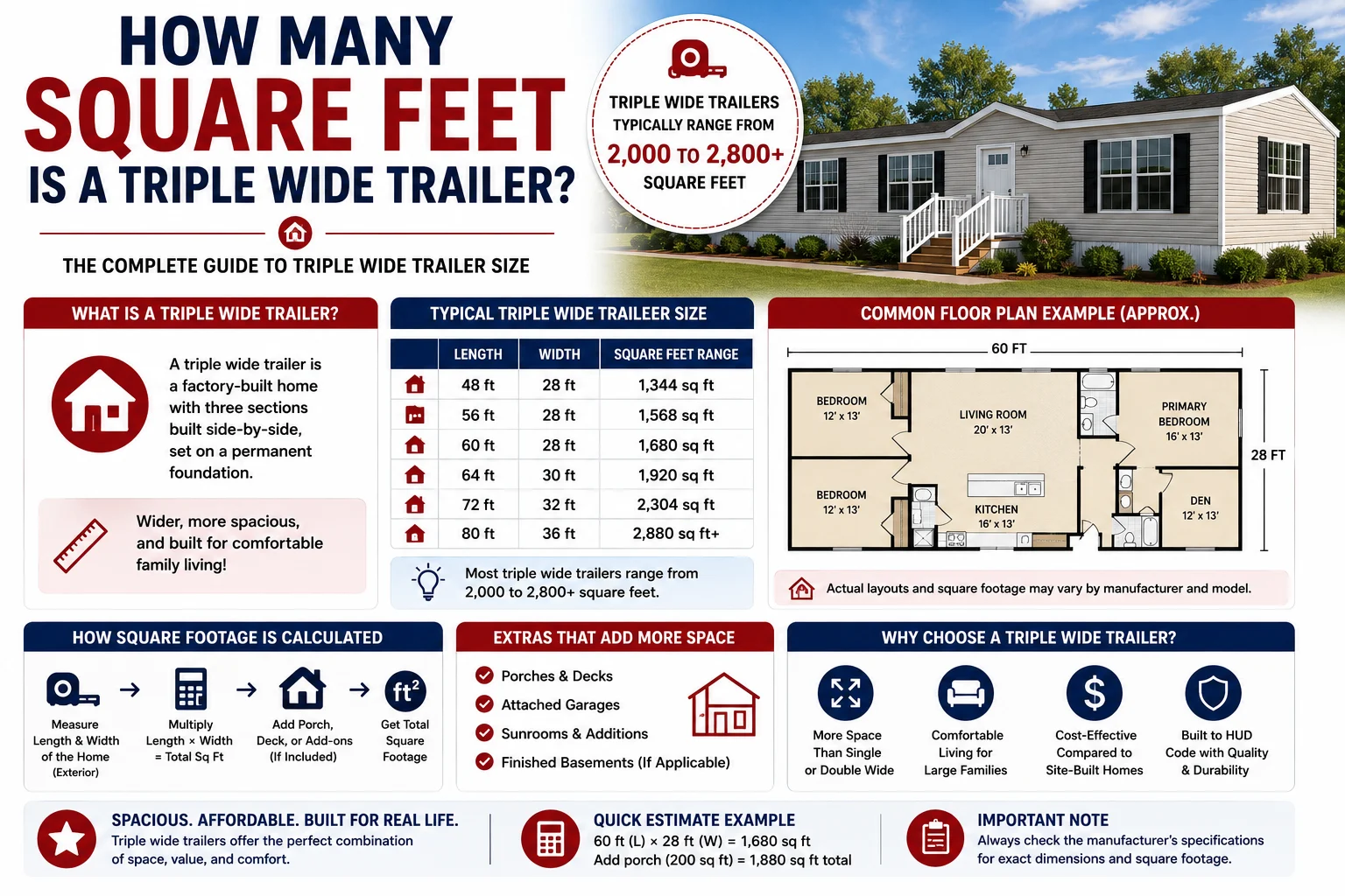 how many square feet is a triple wide trailer