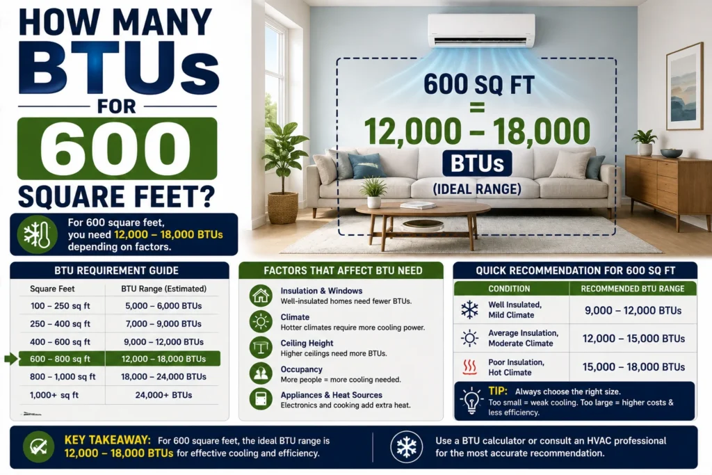 how many btus for 600 square feet
