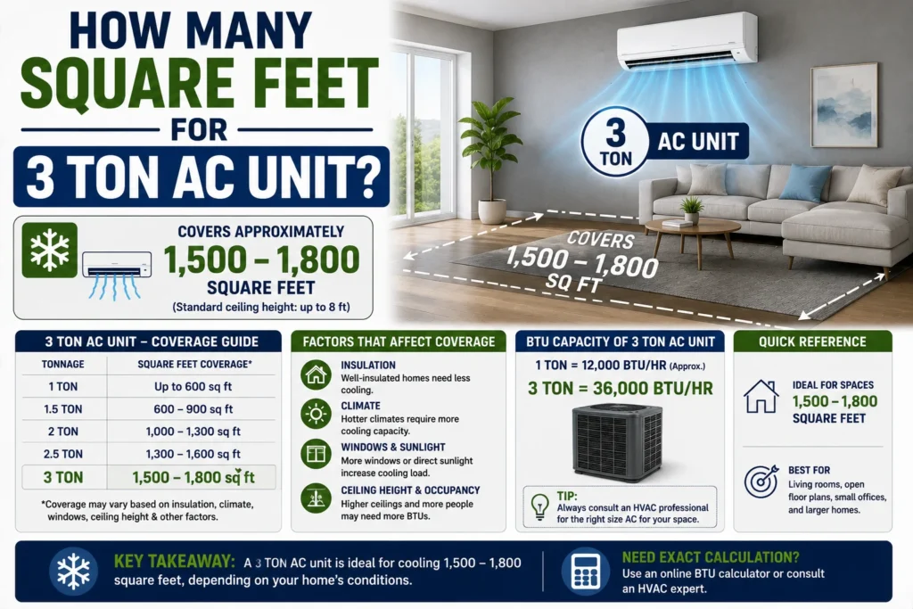 how many square feet for 3 ton ac unit