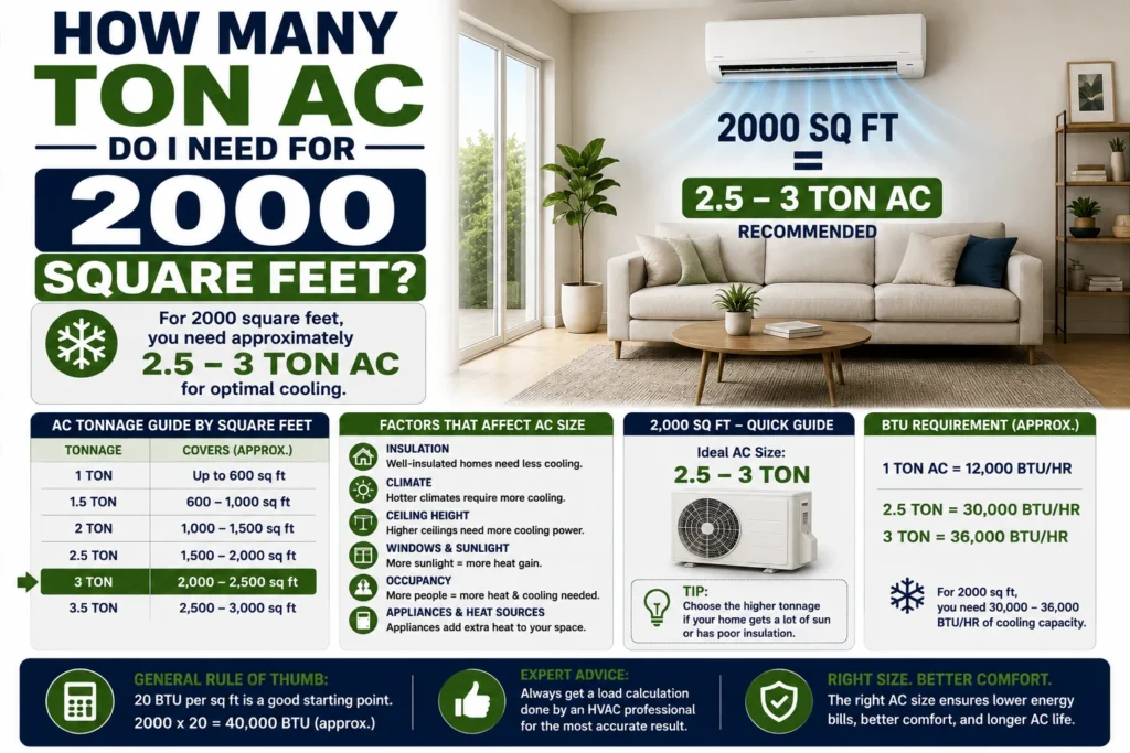 how many ton ac do i need for 2000 square feet